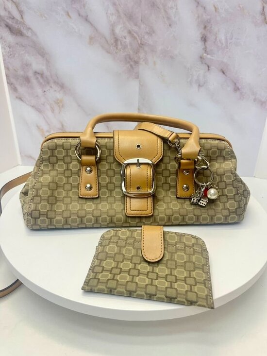 Nine West Handbags - Nine West Beige Jacquard Satchel Bag Shoulder Purse & Wallet Set Charm Keychain